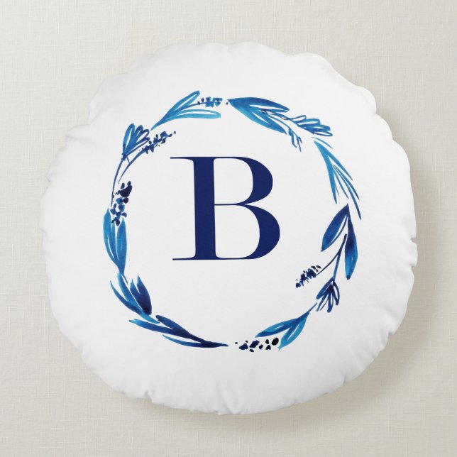 Blue Floral Wreath 'B' Round Cushion (Front)