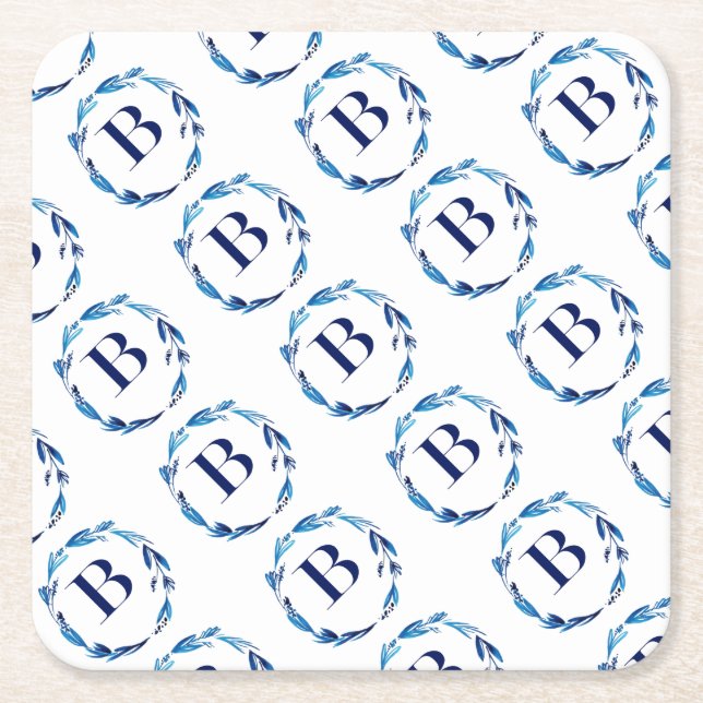Blue Floral Wreath 'B' Square Paper Coaster (Front)