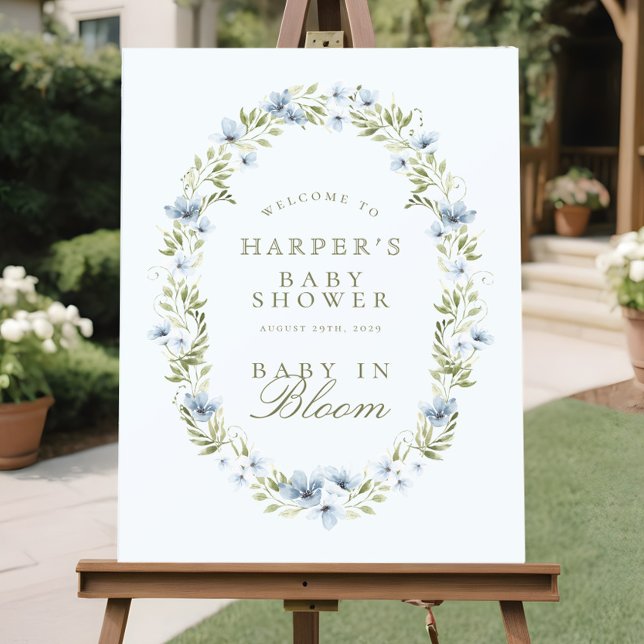 Blue Floral Wreath Baby in Bloom Baby Shower Sign (Creator Uploaded)