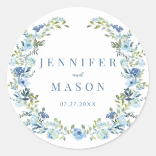 Blue floral wreath bohemian rustic wedding classic round sticker