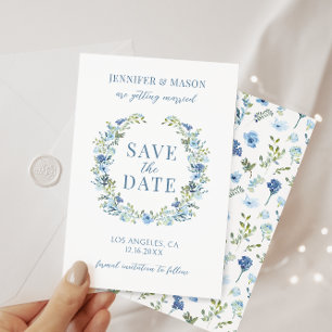 Blue floral wreath bohemian Save the Date Invitation
