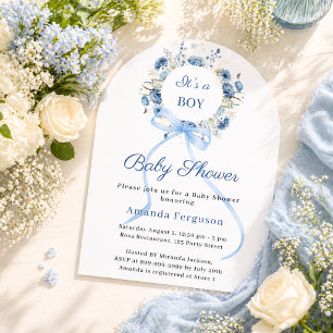 Blue floral wreath bow boy arch Baby Shower Invitation
