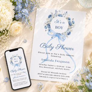 Blue floral wreath bow boy Baby Shower Invitation