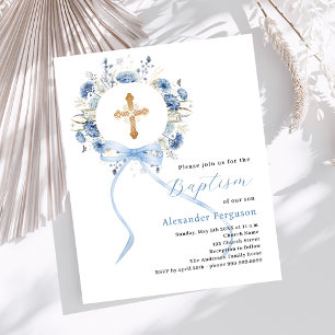 Blue floral wreath bow boy baptism invitation