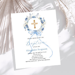 Blue floral wreath boy bow baptism invitation