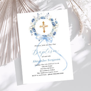 Blue floral wreath boy bow cross baptism invitation