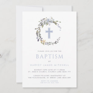 Blue Floral Wreath & Cross Baby Baptism Invitation
