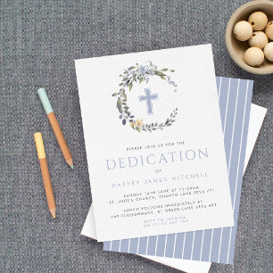 Blue Floral Wreath & Cross Baby Dedication Invitation