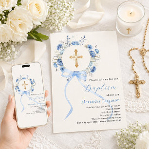 Blue floral wreath cross bow boy ivory baptism invitation
