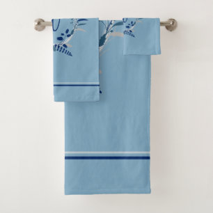 Blue Floral Wreath Custom Monogram Stripes Bath Towel Set