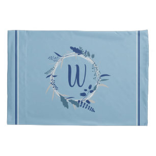 Blue Floral Wreath Custom Monogram Stripes Pillowcase