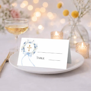 Blue floral wreath gold cross bow ribbon boy place card