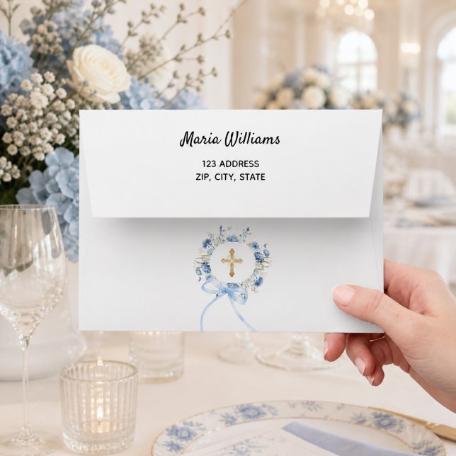 Blue floral wreath gold cross return address envelope (Creator Uploaded)