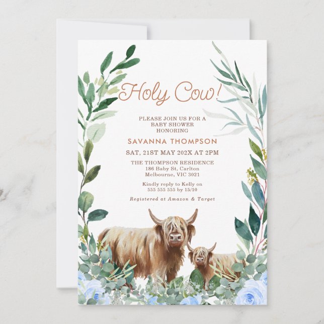 Blue Floral Wreath Highland Cow Baby Shower Invitation (Front)
