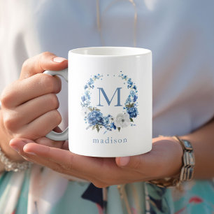 Blue Floral Wreath Monogram  Coffee Mug
