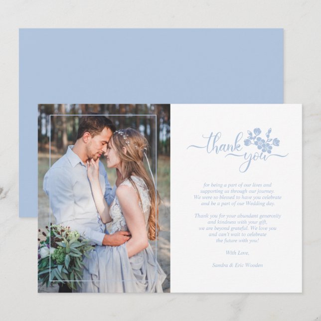 Blue Floral Wreath Photo Card Wedding Couple (Front/Back)