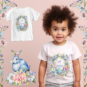 Blue Floral Wreath Rabbit Pink Flowers 1st Easter Baby T-Shirt