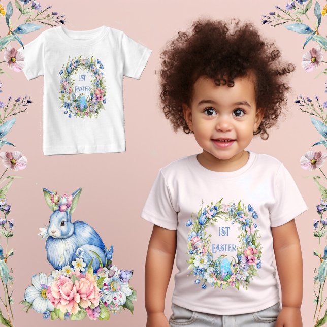 Blue Floral Wreath Rabbit Pink Flowers 1st Easter  Baby T-Shirt (Blue Floral Wreath Rabbit Pink Flowers 1st Easter Baby T-Shirt)