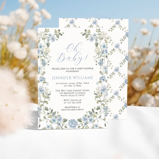 Blue Floral Wreath Spring Summer Baby Boy Shower Invitation (Creator Uploaded)