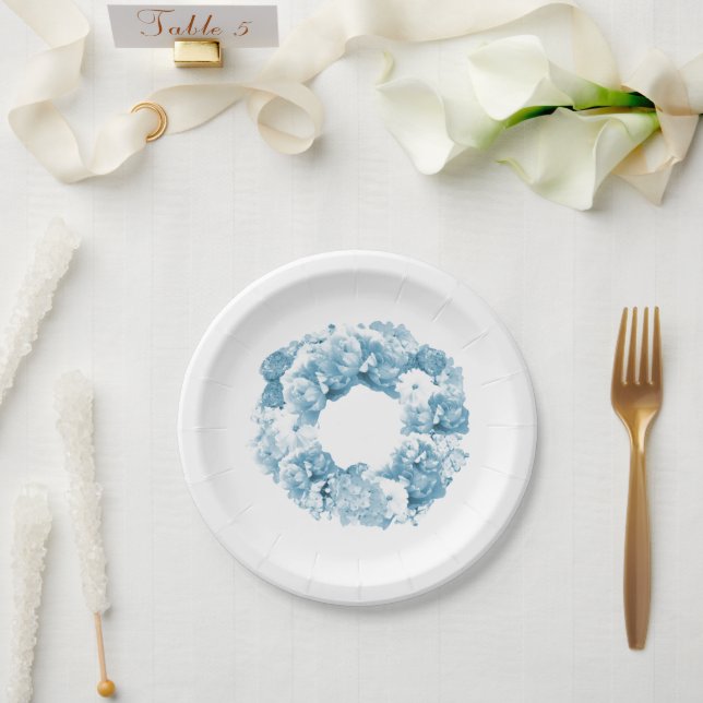 Blue Floral Wreath Wedding  Paper Plate (Wedding)