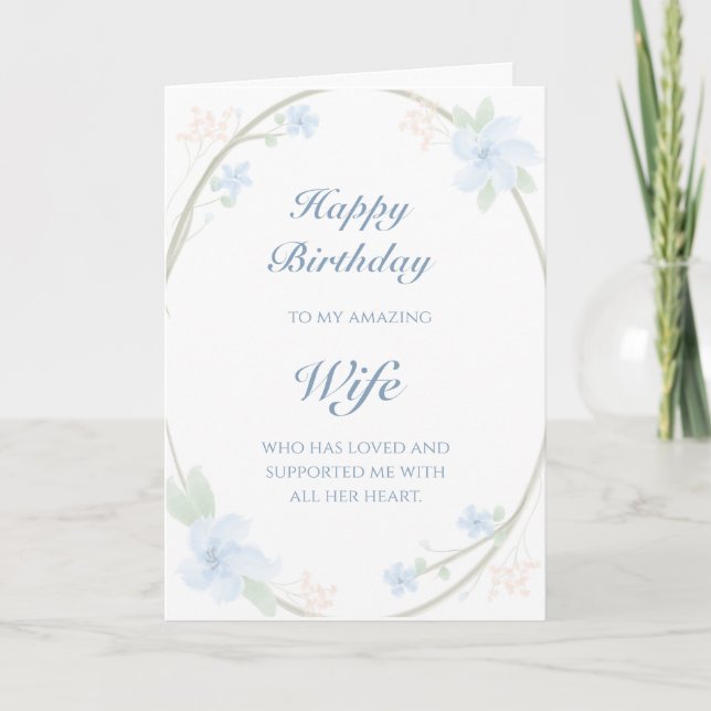 Blue Floral Wreath Wife Birthday Card (Front)