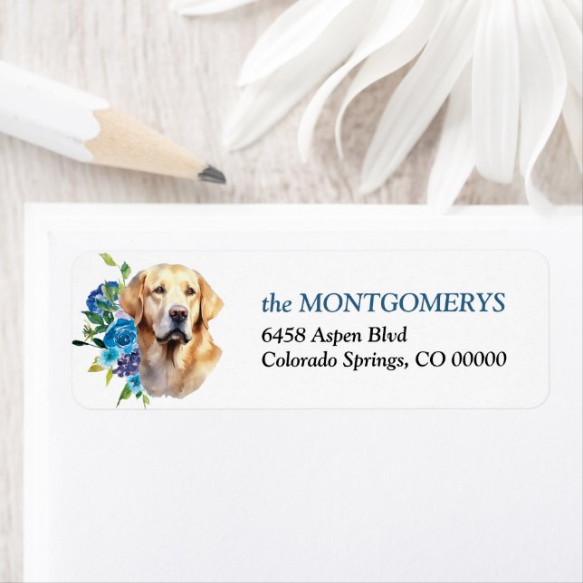 Blue Floral Yellow Lab Return Address Label (Insitu)