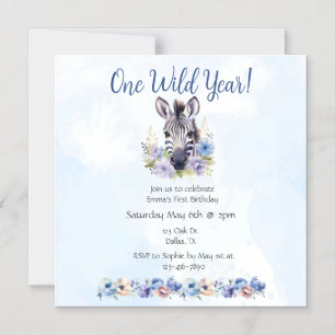 Blue Floral Zebra Birthday Magnetic Invitation