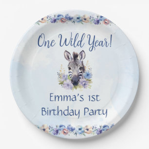 Blue Floral Zebra Birthday Paper Plate