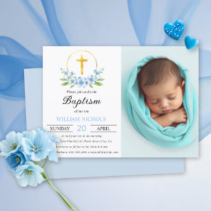 Blue florals and gold cross boy baptism photo invitation