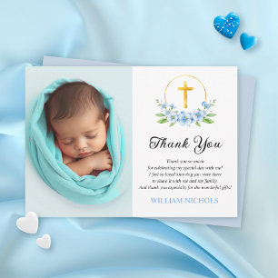 Blue florals and gold cross boy baptism photo thank you card
