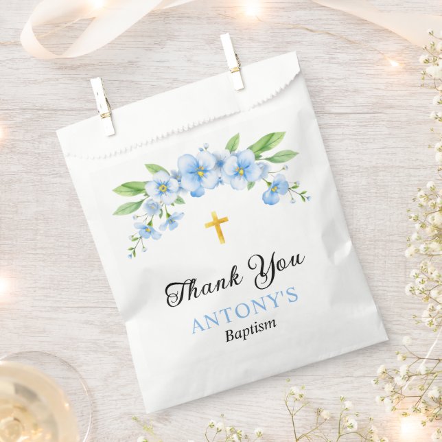 Blue florals and gold cross boy baptism Thank You Favour Bag (Clipped)