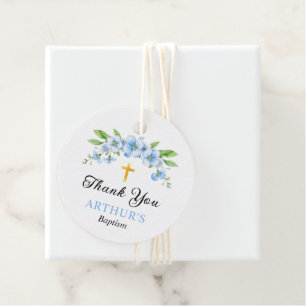 Blue florals and gold cross boy baptism Thank You Favour Tags