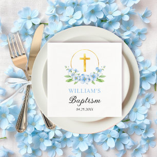 Blue florals and gold cross boy floral baptism  napkin