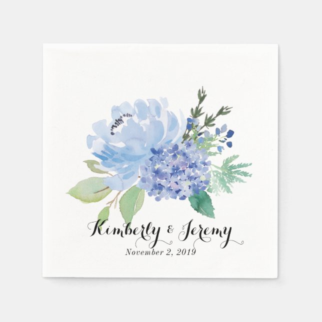 Blue Florals and Hydrangea Personalised Napkins (Front)