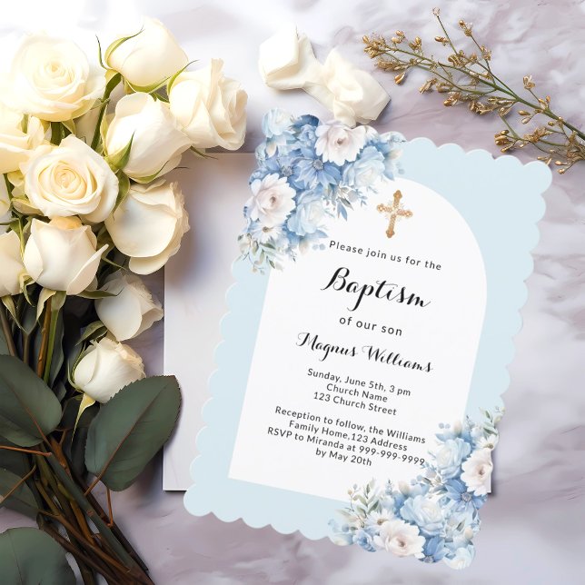Blue florals arch cross boy baptism invitation (Creator Uploaded)
