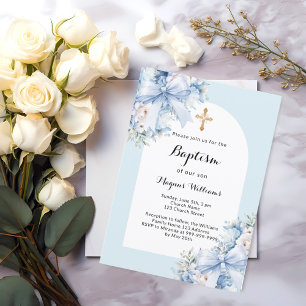 Blue florals arch cross boy baptism invitation