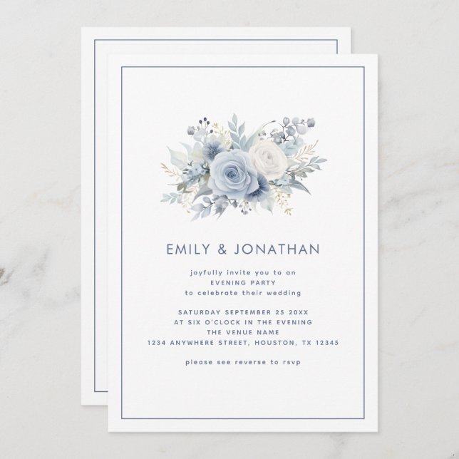 Blue Florals Border QR Wedding Evening Party Invitation (Front/Back)