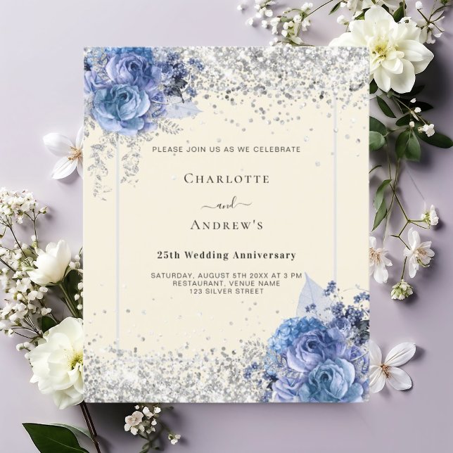 Blue florals cream silver 25th wedding invitation (Creator Uploaded)