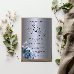 Blue florals dark silver metallic wedding invitation