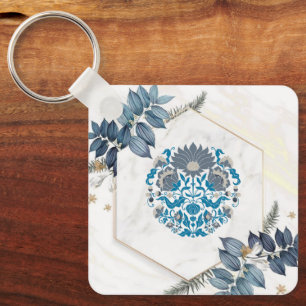 Blue Florals, Delicate Botanical Frame Key Ring