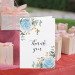 Blue florals eucalyptus cross photo christening thank you card<br><div class="desc">White background.  Light blue florals,  roses and eucalyptus greenery.    Thank you is written with a large hand lettered style font. 
Inside: A large photo inside and space for you to write by hand.
Back: a 2nd photo.</div>