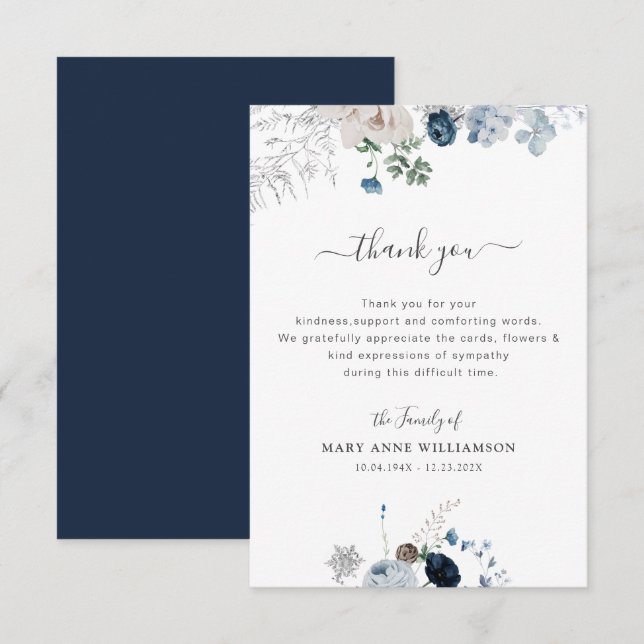 blue florals funeral thank you note card (Front/Back)