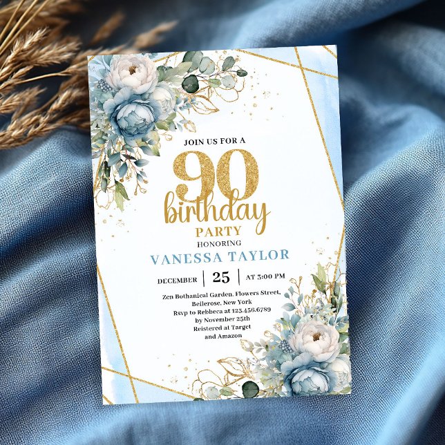 Blue Florals Gold Border 90th Birthday Invitation (Blue Florals Gold Border 90th Birthday Invitation)