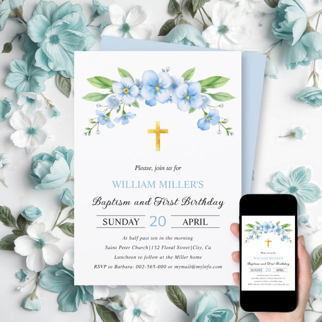 Blue florals gold cross baptism and First Birthday Invitation (Creator Uploaded)