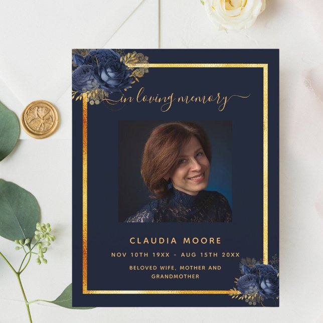 Blue florals gold photo funeral program (Creator Uploaded)