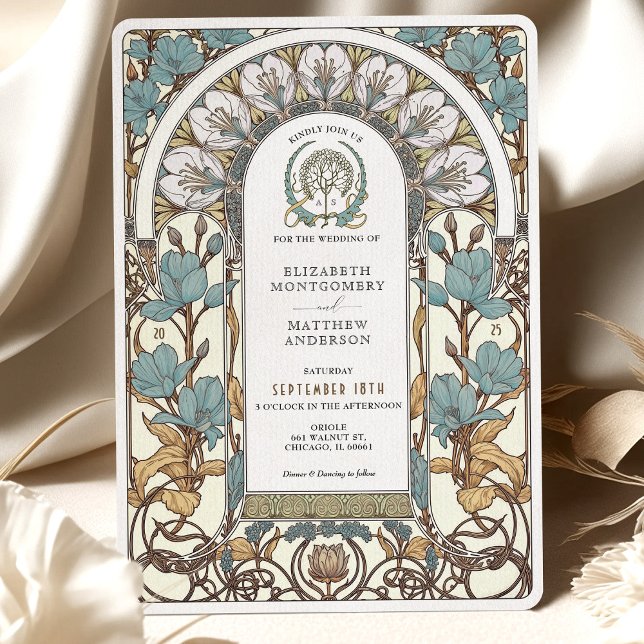 Blue Florals & Golden Accents Art Nouveau Wedding Invitation (Creator Uploaded)