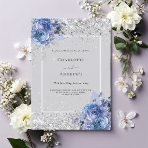 Blue florals gray silver 25th wedding anniversary invitation