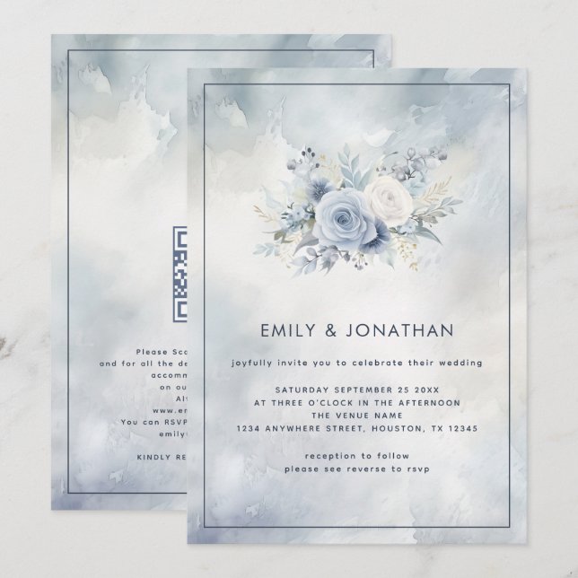 Blue Florals Grey Watercolor Wash QR Code Wedding Invitation (Front/Back)