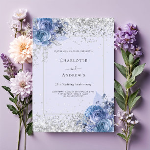 Blue florals lavender silver 25th wedding  invitation