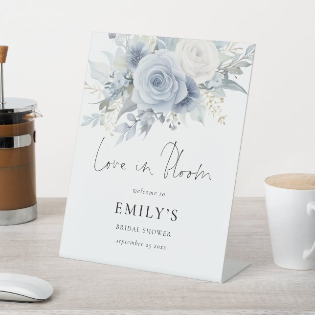 Blue Florals Love in Bloom Welcome Bridal Shower Pedestal Sign (In SItu)